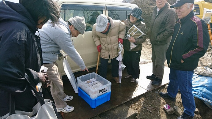 出土した土器を見学する参加者の画像